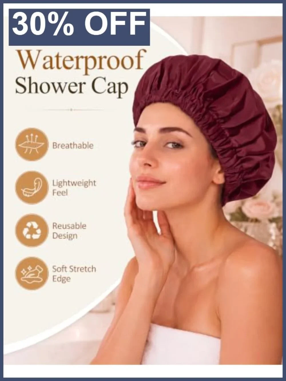 Reusable Waterproof Shower Cap for Women, Large Elastic Stretch for Long Thick
